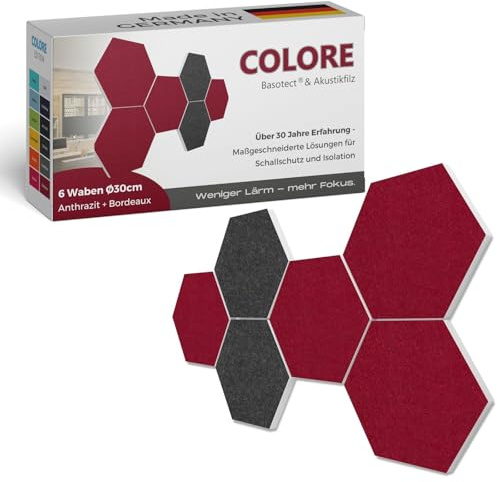 platino24 Akustikpaneele 6 Elemente Colore Waben Ø 30 cm Anthrazit + Bordeaux I Schallabsorber aus Basotect G+ mit Akustikfilz I Schalldämmung Wand & Decke I Akustikelemente Wandpaneel