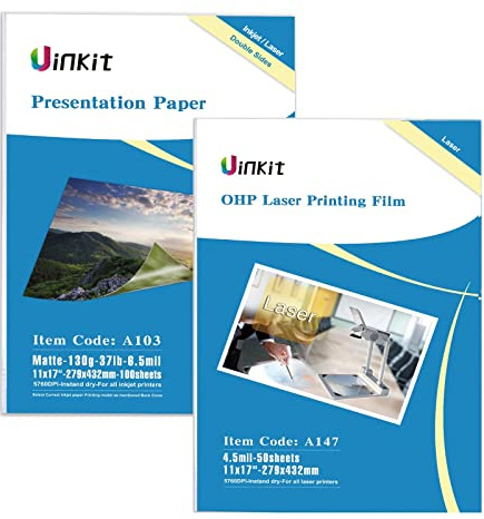 Overhead Projector Film+ Double Sided Matte Paper - Overhead Projector Film 11x17 for Laser Jet Printer and Copier Transparency Film 50 Sheets+ Double Sided Matt Paper 11x17 100Sheets 6.5 Mil 130Gsm