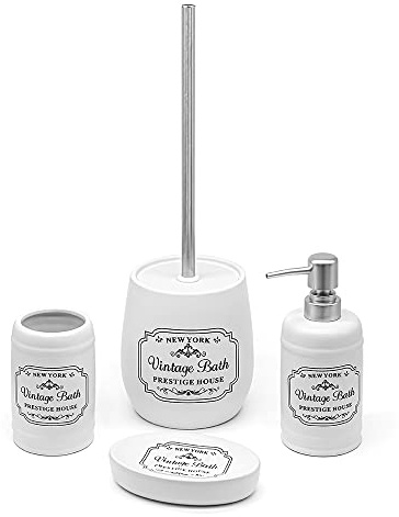 Inbagno Set Bagno Completo in Ceramica Bianca con Stampe a Contrasto Nere, Include Dispenser Sapone, portaspazzolini, portasapone e portascopino