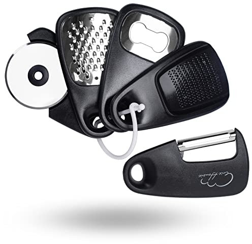 Kitchen Accessories Set of 5, Kitchen Utensils Mini Vegetable Peeler Space-Saving Camping Accessories, Cheese Chocolate Grater, Bottle Opener, Pizza Cutter, Garlic Ginger Grater (Black)