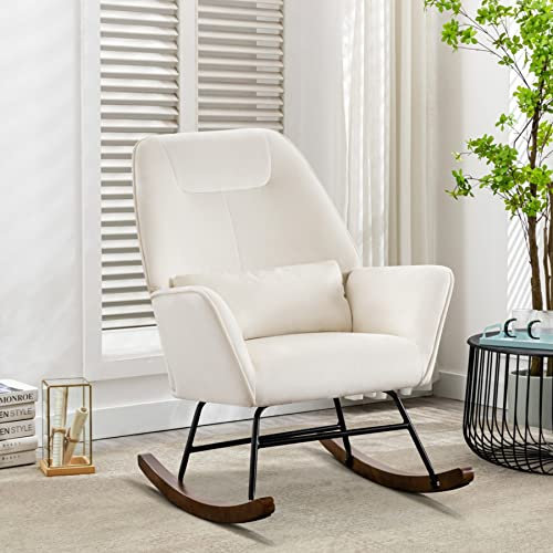 Schaukelstuhl Samt Kinderzimmer Relaxstuhl Wohnzimmer gepolsterter Schaukelstuhl mit Beine und Taillenkissen aus Massivholz Design Relaxsessel Samt Schwingsessel für Balkon Lese-Schlafzimmer Beige