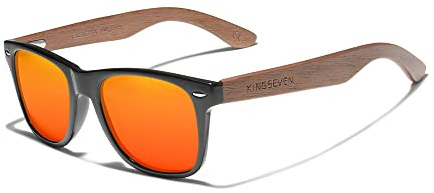 KINGSEVEN Trä solglasögon polariserade för män kvinnor retro vintage speglade linser valnöt träram W5777, W5777-orange, Large