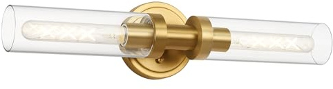 SANTOSTOCK Brushed Gold Bathroom Vanity Light Fixture, 2-Light Modern Wall Sconce Lighting W/Clear Glass, Brass Wall Mount Lamp for Mirror Hallway Kitchen Living Room, E26 T10 Bulbs(Excluded)
