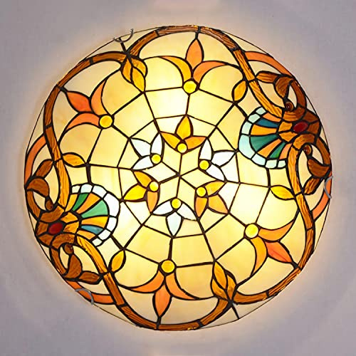 Plafoniera stile Tiffany, lampada da soffitto in vetro colorato barocco giallo per soggiorno camera da letto cucina corridoio, E27, MAX40W,40cm
