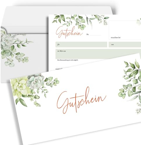 heaven+paper 50 Blanko Gutscheine mit Umschlägen zum Ausfüllen Geschenkgutschein für Restaurant, Massage, Nagelstudio, Friseur, Beauty, Einzelhandel, B2C (Greenery)
