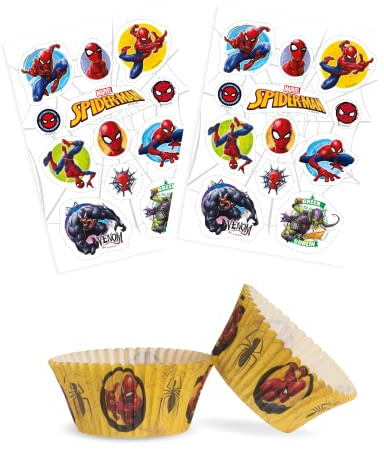 Dekozauber24 Spiderman Set 24x Essbare Muffinaufleger + 25x Muffinschalen, essbare Tortendeko für den Kindergeburtstag, Deko Muffin Cupcakeförmchen