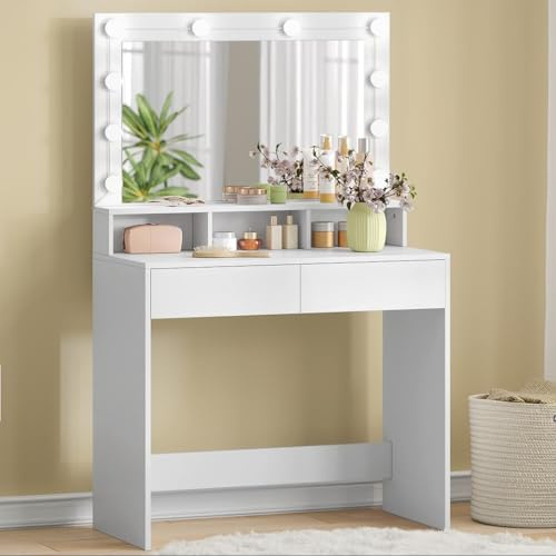 EUGAD Schminktisch mit Spiegel Beleuchtung, für Schlafzimmer, Frisiertisch mit 2 Schubladen, 3 offenen Fächern, Ablage, Kosmetiktisch 80 cm Breite aus Holz, weiß, 0053SZT