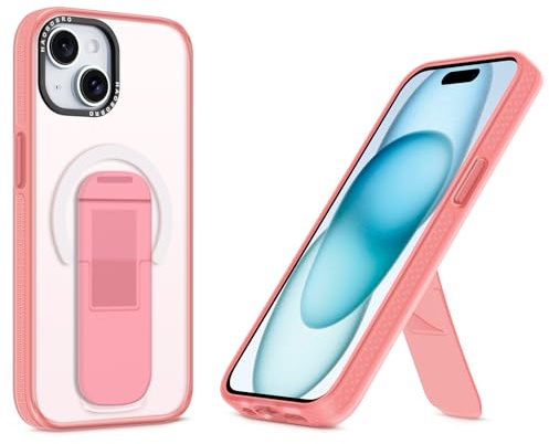 HAOBOBRO Coque de protection pour iPhone 15, avec fonction support, coque fine compatible avec MagSafe, coque anti-chocs, avec support, dos en polycarbonate mat + silicone TPU, rose