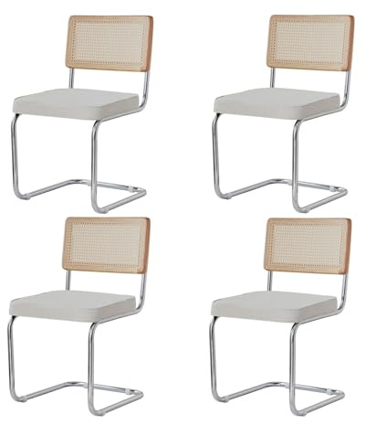 BenyLed Pack 4 Sillas de Comedor Estilo Nórdico Silla Escandinava; Sillas de Cocina Modernas con Respaldo de Madera Maciza de Ratán y Asiento Tapizado (Blanco Polar)