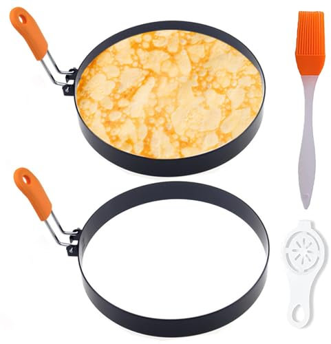 WOWITIS 2 Packungen 15,2 cm antihaftbeschichtete Edelstahl-Pfannkuchen-Eierring-Omelett-Form Pfannkuchen-Maker Kuchen-Creps mit Silikongriff