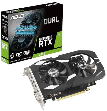 ASUS Dual NVIDIA GeForce RTX 3050 6GB OC Edition Gaming Graphics Card - PCIe 4.0, 6GB GDDR6 Memory, HDMI 2.1, DisplayPort 1.4a, 2-Slot Design, Axial-tech Fan Design, 0dB Technology, Staffa in acciaio