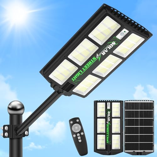 Viugreum 1200W LED lampione solare con telecomando, 6500K lampione con sensore di movimento crepuscolo all'alba lampione IP65 impermeabile luce solare sentiero