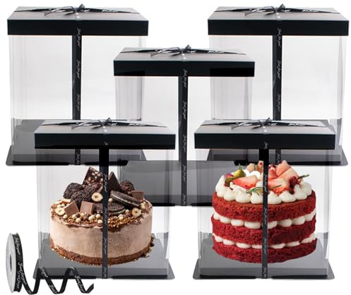 JINGHANGER 5 Stück Transparente Kuchenbehälter mit Band 6 inch Kuchenschachtel Geschenkbox mit Deckel Doppelschicht Kunststoff Geschenk für Geburtstag Dessert 22x22x24 cm