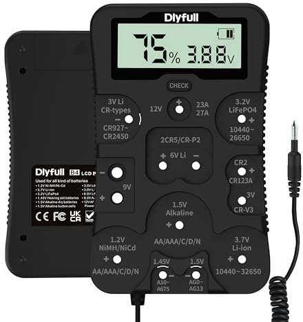 Dlyfull Battery Tester, LCD Display Universal Battery Checker for Ni-MH, Ni-CD, Li-ion, Alk & LiFe04 Batteries(AA AAA C D 9V 12V 18650 CR123A 2CR5 CR2032 Cells), 2X AAA Batteries Included