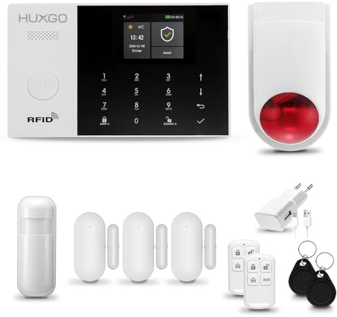 Funk Alarmanlage Set WiFi + GSM mit Solar Alarmsirene | Alarm System mit Bewegungsmelder, 3X Fensteralarm/Türsensoren | Alarmanlage fürs Haus, Wohnung, Wohnmobil | Smart Home HXA005 HUXGO®