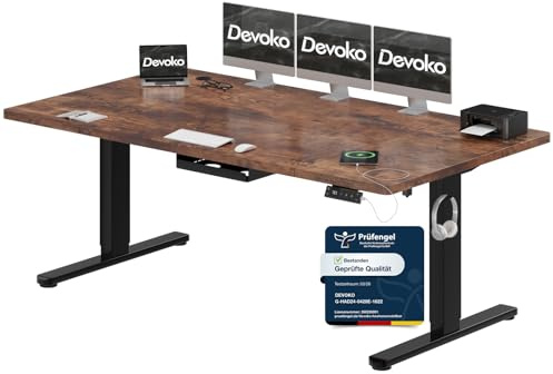 Devoko Escritorio Elevable Eléctrico 180 x 80 cm de Carga USB C, Escritorio Ajustable en Altura con Tablero, 3 Función de Memoria y Anticolisión, Regulable en Altura 72-118cm, Marrón