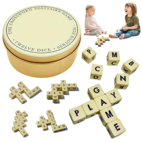 SPHERETRON Das Kreuzworträtsel Solitaire-Spiel 6 seitiges Würfel Kreuzworträtsel Spiel Tragbares Scrable Spiel Mit 12 Würfeln Spelling Game für Kinder und Erwachsene Camping Spiele