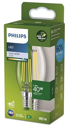 Philips Classic ultra-efficient LED bulb with energy efficiency class A, E14 base, replaces 40W, clear, cool white light, candle shape, pack of 1