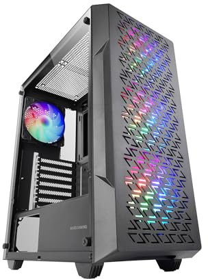 Mars Gaming MC-GEO, Gaming ATX-Gehäuse, 4x FRGB Rainbow 12cm Lüfter, Geometrisches Mesh-Frontpanel, Fenster Gehärtetem Glas, PC-Midi-Tower Doppelkammer-Design, Unterstützung für Wasserkühlung, Schwarz