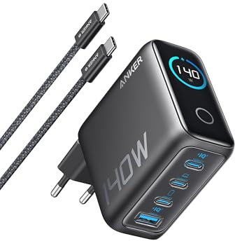 Anker Zolo Caricatore USB C 140W, adattatore GaN rapido e compatto a 4 porte, comandi tattili intuitivi, per iPhone 17/17 Pro/16/15, Samsung, MacBook Air/Pro, Pixel, AirPods e altri dispositivi