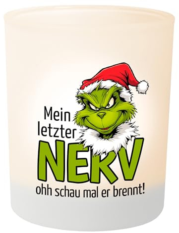 Weihnachts-Geschenk: Grinch Teelichthalter Mein letzter Nerv – Teelichtglas Windlicht Weihnachtsdeko - Geschenk Weihnachten für Freunde Kollegen Familie