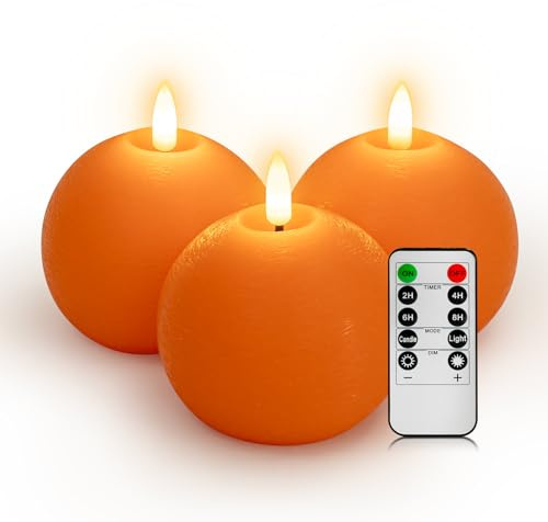 Yongmao Flameless Candles with Remote, Orange Round Candles Ball LED Battery Operated Real Wax Candles Warm Light 3D Wick Flickering for Home Party Wedding Decor (Set of 3)