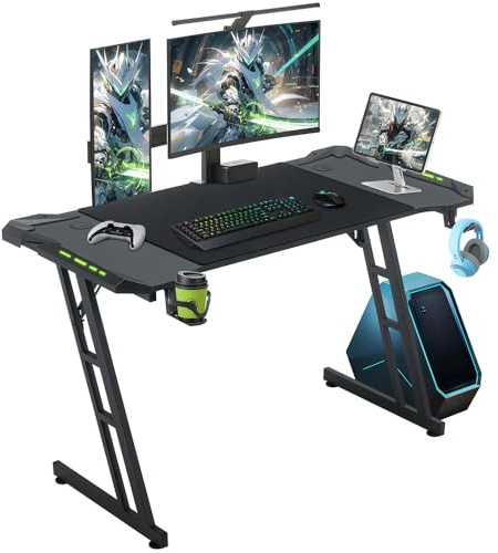 Scrivania Gaming LED 120x60cm, Scrivanie Gaming con Ganci per Cuffie e Porta Bicchiere, Tavolo Gaming Computer Ergonomica di Telaio Z Stabile, Postazione PC Gaming Fibra di Carbonio, Facile da Montare