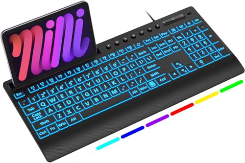SABLUTE K31PRO Large Print Backlit Keyboard, USB Wired Computer Keyboard, with Illuminated LED Memory Function, Phone Holder & Wrist Rest, Full Size Keyboards for Windows Desktop, Laptop