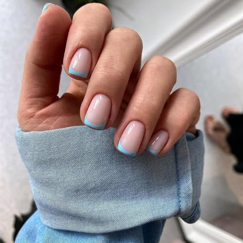 KQueenest 30 Pcs Baby Blue French Tip Press on Nails Short Square, French Tip False Nails Short Coffin, Custom Thick Acrylic Fake Nails Set Natural Nude Gel Stick on Nail for Women Daily Wear