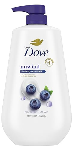 Dove Body Wash Unwind Blueberry & Moon Milk For 24hr Lotion-Soft Skin Moisturizing Skin Cleanser with No Sulfates No Parabens 30.6 oz