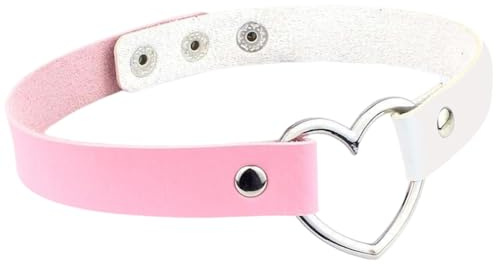 CALFOVERA Doppelte Farbe PU Leder Choker Kette Damen Punk Rock Legierung Hohl Herz Kragen Gothic Choker Kette Cosplay Weicher Schmuck Kragen Halskette Dekorationen Für Frauen Party (Pink Und Weiß)