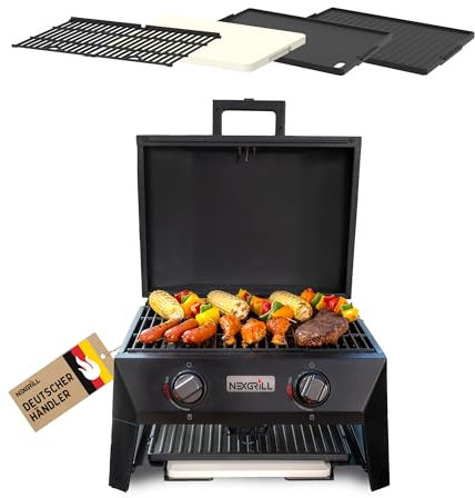 Nexgrill 4-in-1 Gasgrill/Tischgrill mit 2 Brennern, Pizzaofen-Funktion, Cordierit-Pizzastein & Wende-Grillplatte – Kompakter Outdoorgrill aus Stahl mit Stauraum für Zubehör