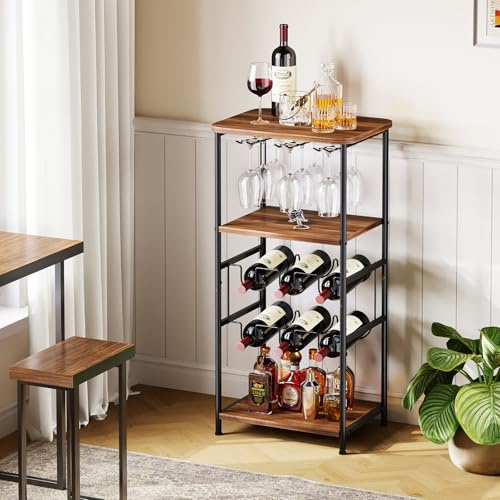 Dripex Wine Rack Free Standing Floor with Glass Holder, Storage Shelves, 2-Tier 6 Bottles Wine Display Shelves with Wooden Table Top, Sturdy Metal Bottle Holder for Kitchen Bar Pantry