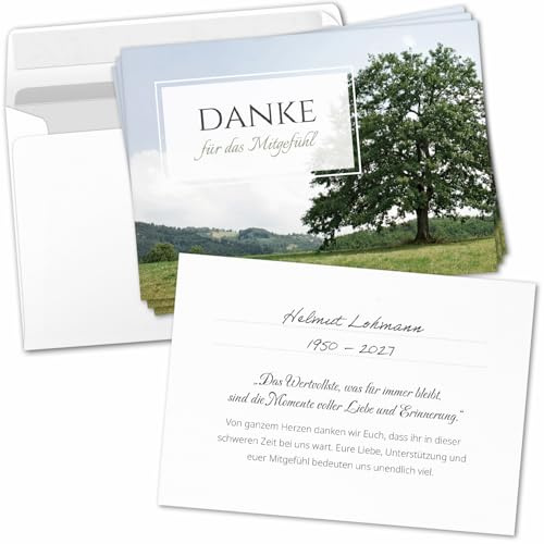 Einladungskarten Manufaktur Hamburg 8 Trauer Danksagungskarten ausfüllbar mit Umschlag - Danke Trauerkarten Postkarten nach Beerdigung zum Ausfüllen mit Text Motiv Friedwald Baum Wiese