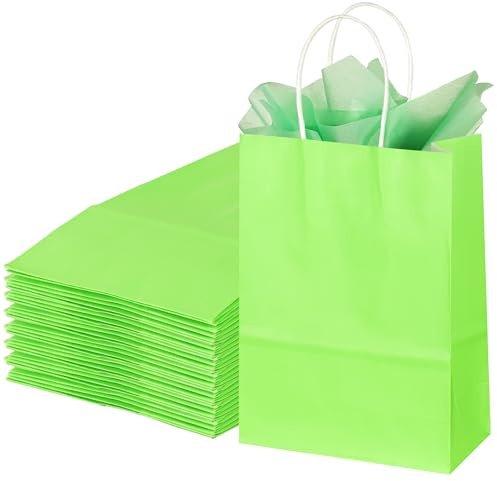 32 Stück kleine Geschenktüten mit Seidenpapier, 22.1 x 16.0 x 8.1 cm grüne Papiertaschen mit Henkel, für Geburtstag, Einkaufen, Hochzeiten, Verpackungen, Partys, Weihnachten