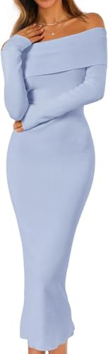 ELFIN Strickkleid Damen Elegant Cocktail Party Kleider Abendkleid Schulterfrei Langarm Pullover Kleid Hochzeit Festlich Bodycon Maxikleid (S, Blau)