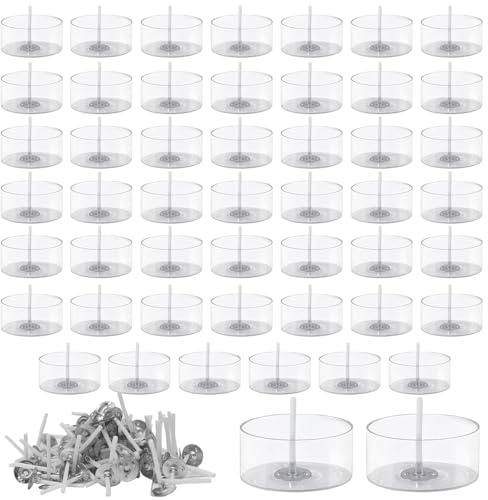 yotutun 50 Piezas Tarros para Velas de Té Vacíos, Portavelas Decoracion en Plástico con 50 Piezas Mechas para Vela Redondos Transparentes Candelabros para Velas de Té para Bodas, Cenas
