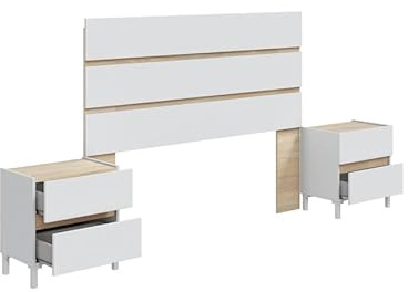 Home Heavenly®Pack Ébano – Cabecero para Cama de 135-160 cm + 2 Mesitas de Noche con Cajones – Diseño Moderno en Melamina – Patas Altas, –160x3x74 cm + 2X (50x35x53 cm) Color Blanco