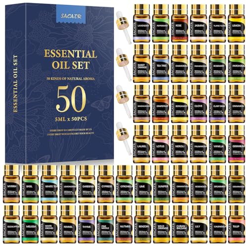 SACATR 50 Pcs Natural Essential Oil Set -Essential Oils Gift Set for Diffuser, Home Care, DIY Candle and Soap Making(50 * 5ML)