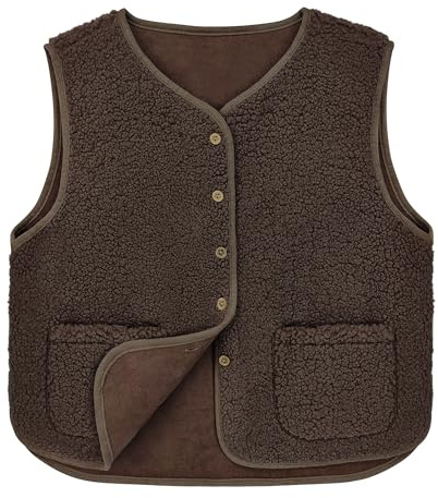 beifon Teddy - Gilet in pile da donna, per autunno e inverno, caldo, senza maniche, con scollo a V, con bottoni, in pelliccia di orsacchiotto, marrone scuro., L