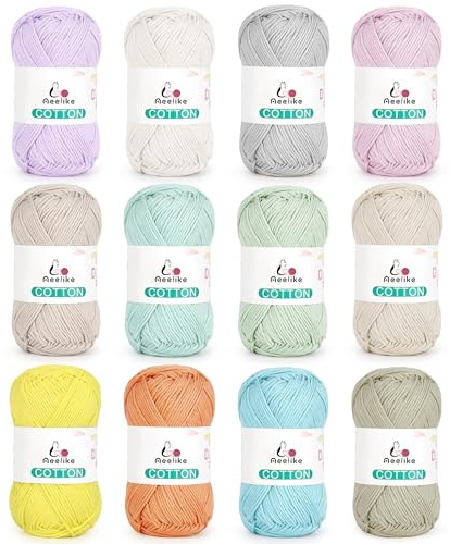 Aeelike 100% Cotton Yarn for Crochet & Knitting, Baby Cotton Yarn, Pastel | 12 Pack of 4 Ply Cotton Yarn 50g, Sport Weight Yarn, Soft Cotton Double Knitting Yarn for Dishcloths, Baby Clothes, Amigurumi