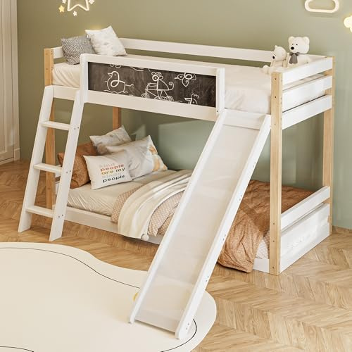 HESHU Kinderbett Etagenbett 90x200 cm, Hausbett mit Rutsche und Tafel, Hochbett für 2 Kinder, Funktionsbett Stockbett mit Lattenrost, Weiß+Natur, ohne Matratze