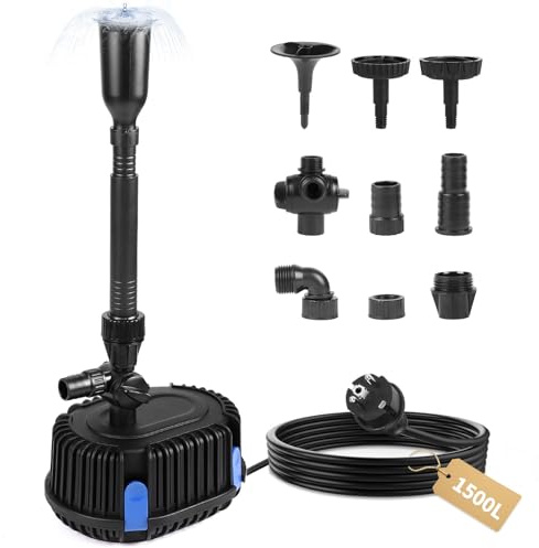 DBREAKS Springbrunnenpumpe 1500L/H 1,8M Teichpumpe für Außen Wasserspielpumpe 25W, Springbrunnen Pumpe mit Filter Schwamm, Bachlaufpumpe, Teichfilterpumpe für Teich, Fontäne, Gärtenbrunnen, Wasserfall
