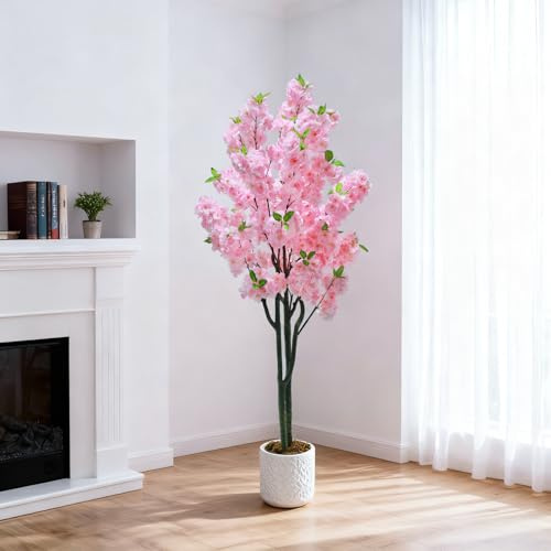 Árbol de cerezo artificial de 150 cm con flores rosa en maceta blanca, árbol de PVC y fibra textil para interior y exterior - Decoración para el hogar, oficina, bodas, fiestas | Árbol Sakura sin