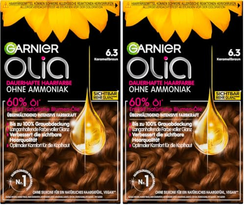 Garnier Olia 6.3 Karamellbraun Dauerhafte Haarfarbe ohne Ammoniak mit pflegenden, natürlichen Ölen, Vollständige Grauhaarabdeckung, Permanente Coloration, 1 Stück (Packung mit 2)
