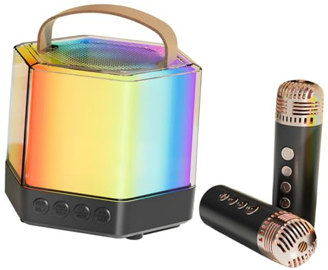FONDOTIN Mini Machine de Karaoké Portable Q7 avec Haut-Parleur Noir et Double Microphone sans Fil pour Fêtes Garçon et Filles et Adultes Enceinte Karaoké Compacte et Facile à