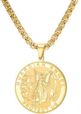 TEAMER Guardian Angel Necklace Our Guardian Angel Religious Medal Pendant Necklace Protection Faith & Strength Jewelry For Men Women (Gold)