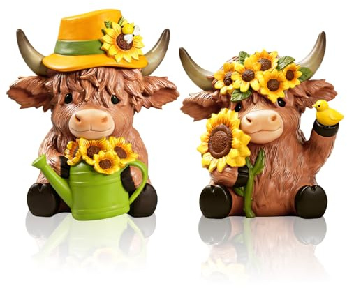 GW Box 2 Pcs Sunflower Highland Cow Figurine Resin Highland Cow Figurine for Farmhouse Home Garden Spring Farm Animal Decoration Gift