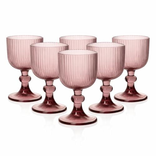 MECSAL CASALINGHI Set 6 Calici Vetro Rigato 360 ml Colorati – Calici Eleganti per Acqua, Cocktail e Aperitivo, Design Moderno, Resistenti e Lavabili in Lavastoviglie (Rosa)