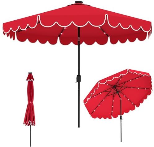 COSTWAY 300 cm Sonnenschirm mit LED-Beleuchtung, Gartenschirm mit Kurbel | beidseitig um 35° knickbar, Terrassenschirm mit Volant & 8 Rippen, Marktschirm für Balkon, Garten, Terrasse, Rot